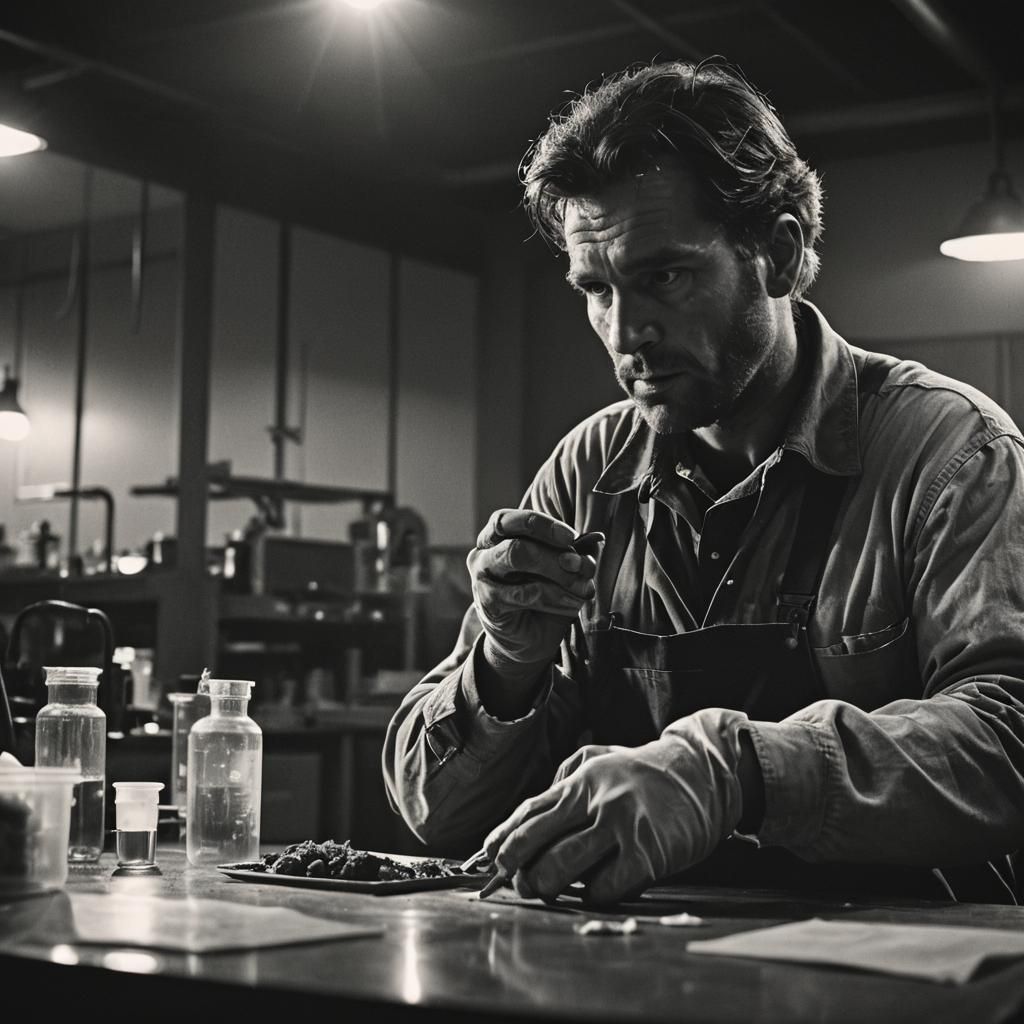 Construction Worker Eating in Lab: Film Noir Style