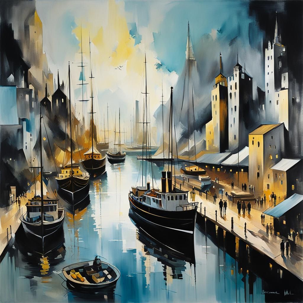 Busy Modern Harbour Painting with Occult Elements