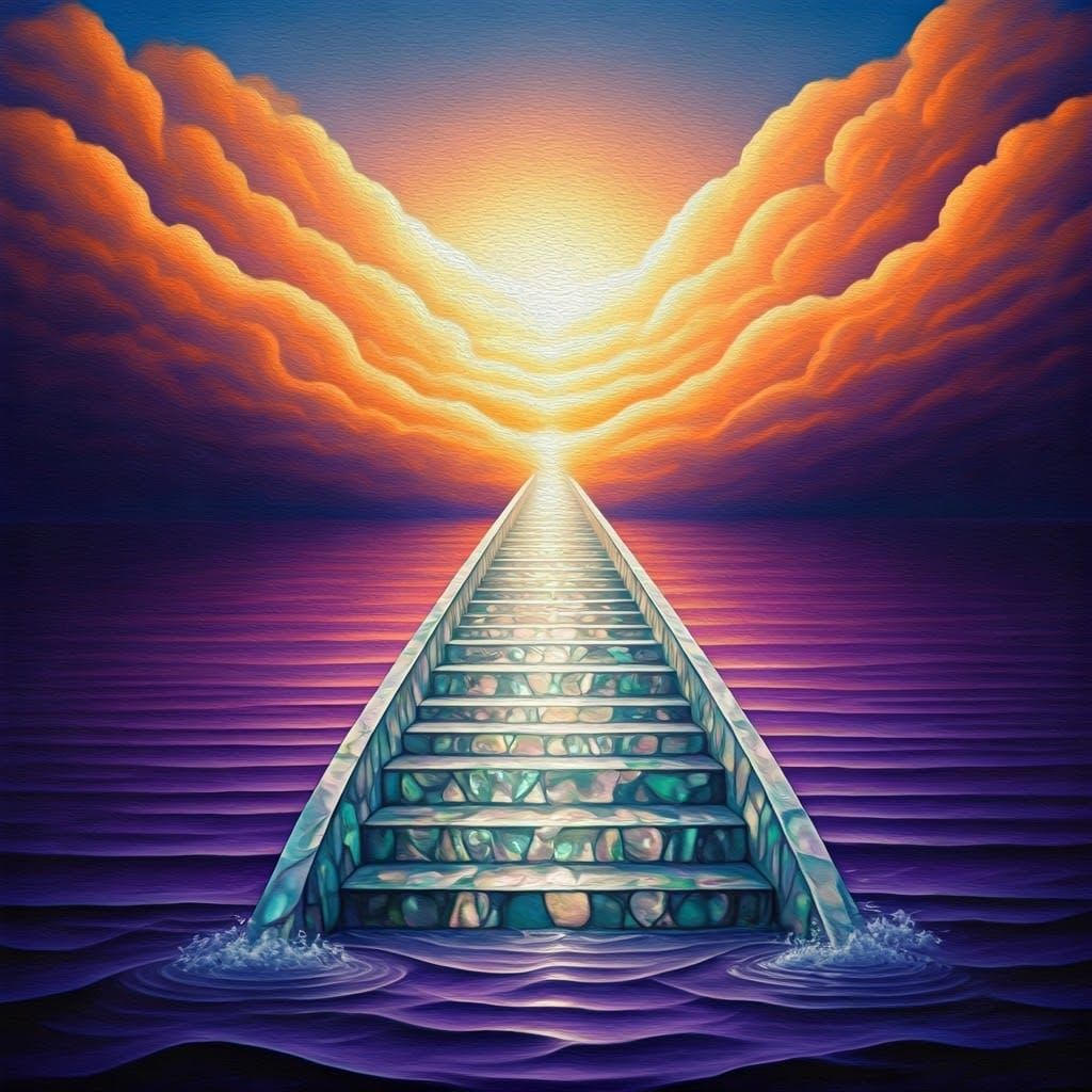 Surrealist Stairway Ascends to Vibrant Orange Clouds