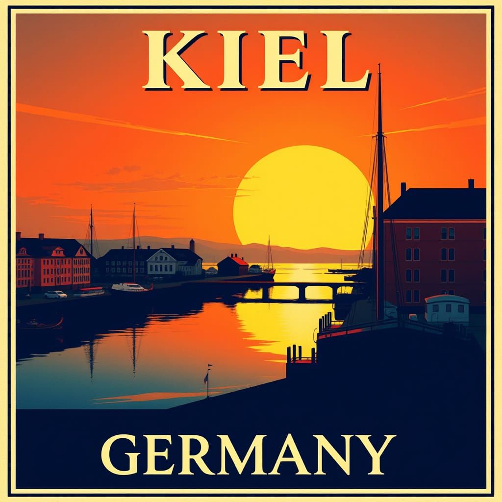 Vintage Travel Poster of Kiel, Germany at Sunset