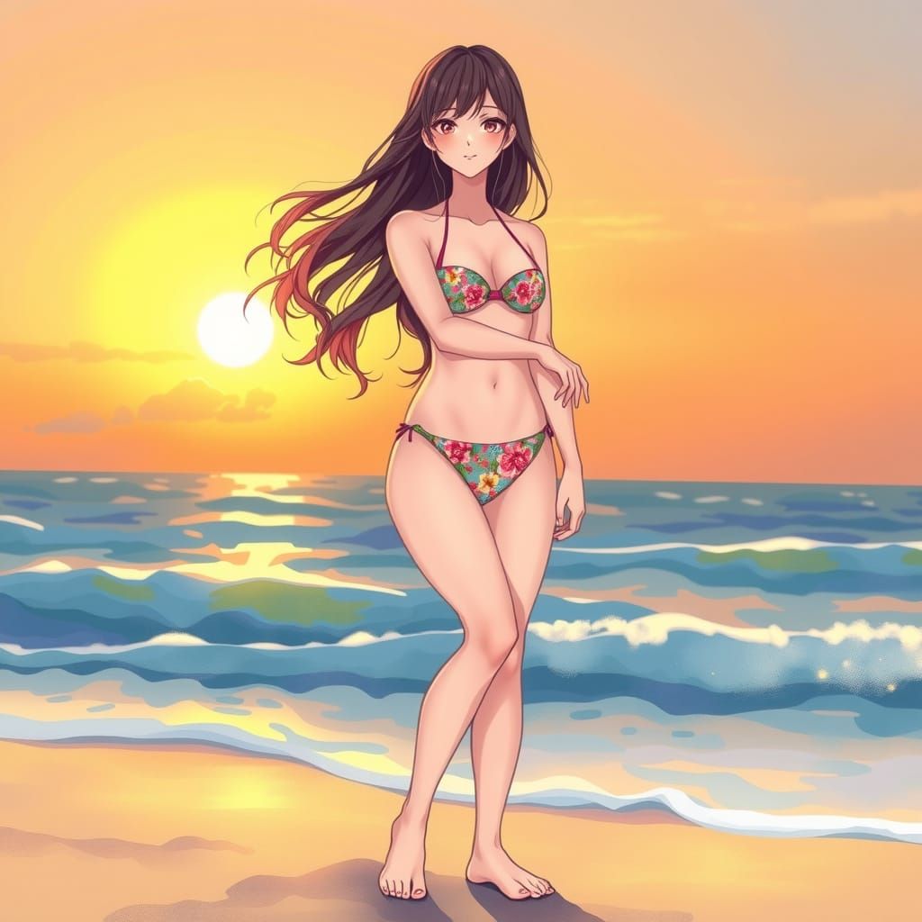 Young Woman in Anime Style Beach Scene