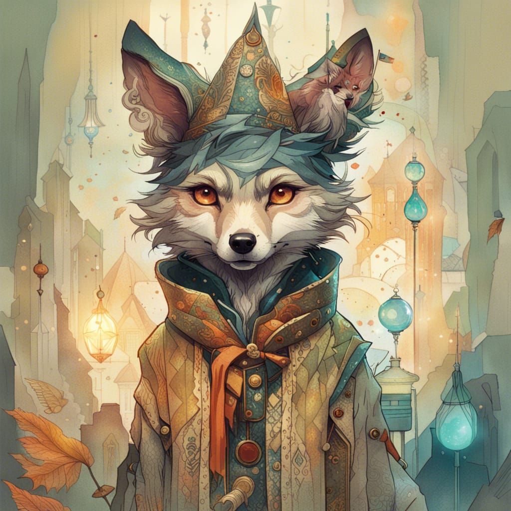 Anthro Wolf Wizard with Big Eyes, Detailed Digital Art