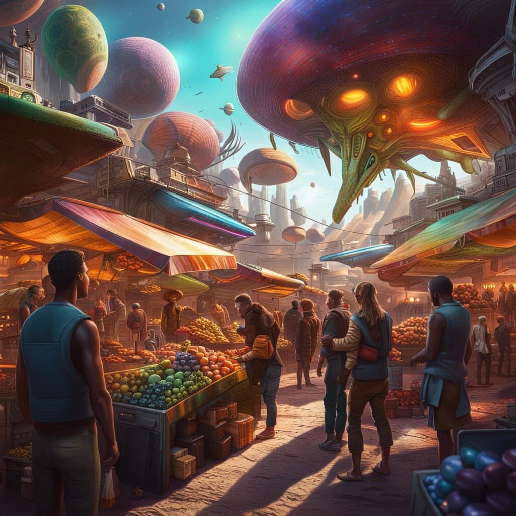 Bustling Intergalactic Marketplace on Alien Planet