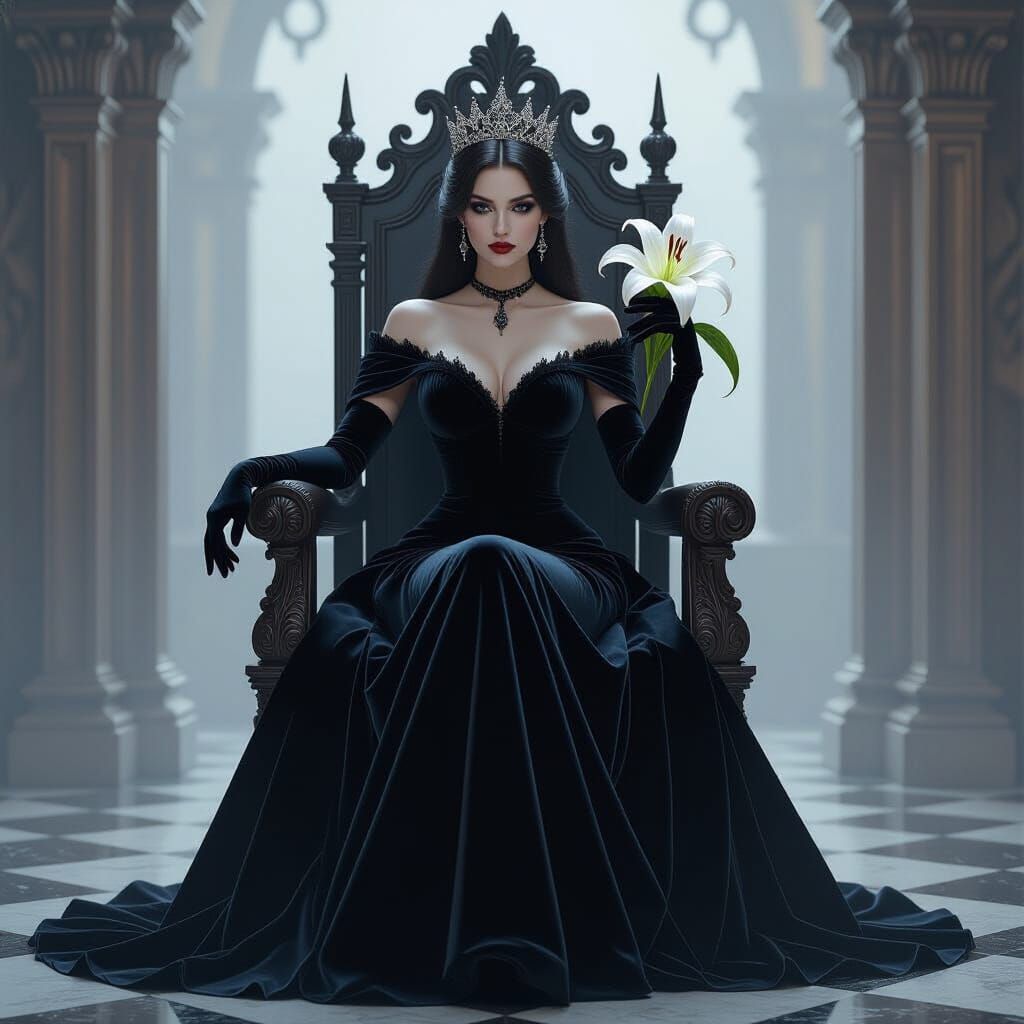Melancholy Queen with Lily in Victorian Gothic Style