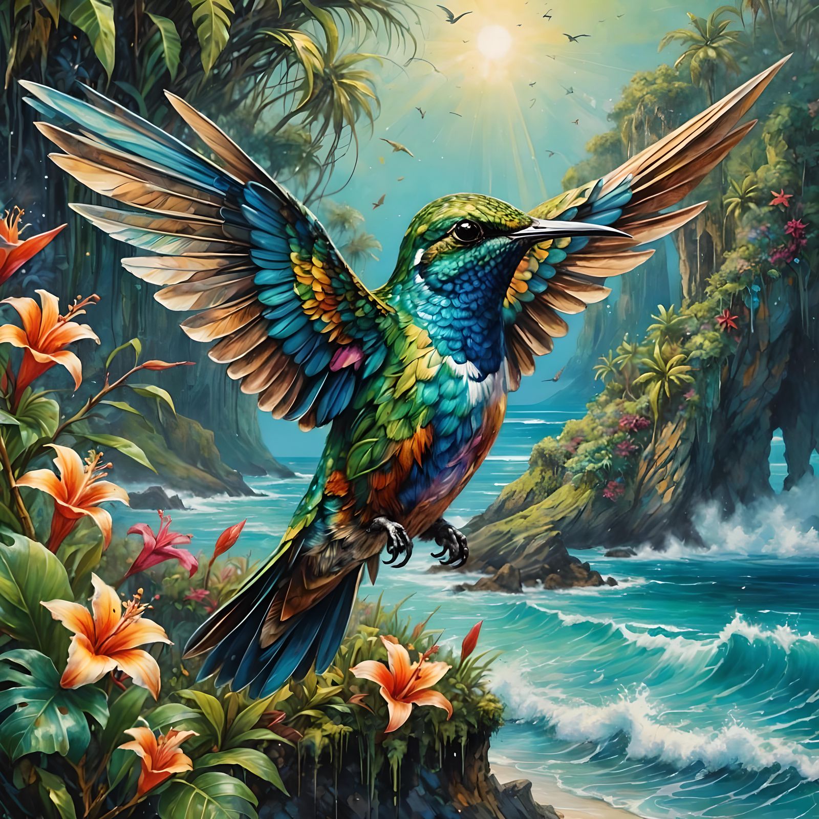 Exotic Hummingbird in Tropical Splash, Detailed Art