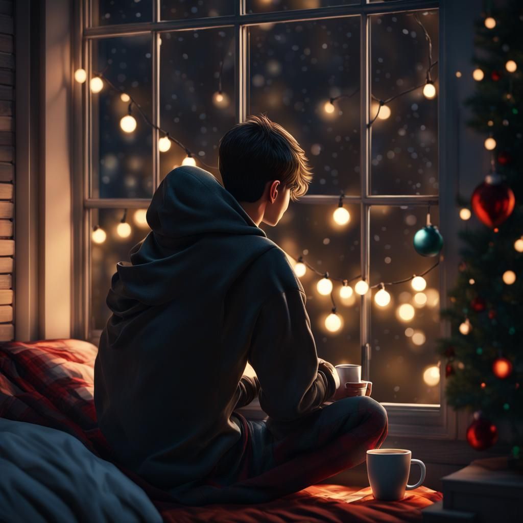 Teenage Boy Gazing at Christmas Lights: Digital Art