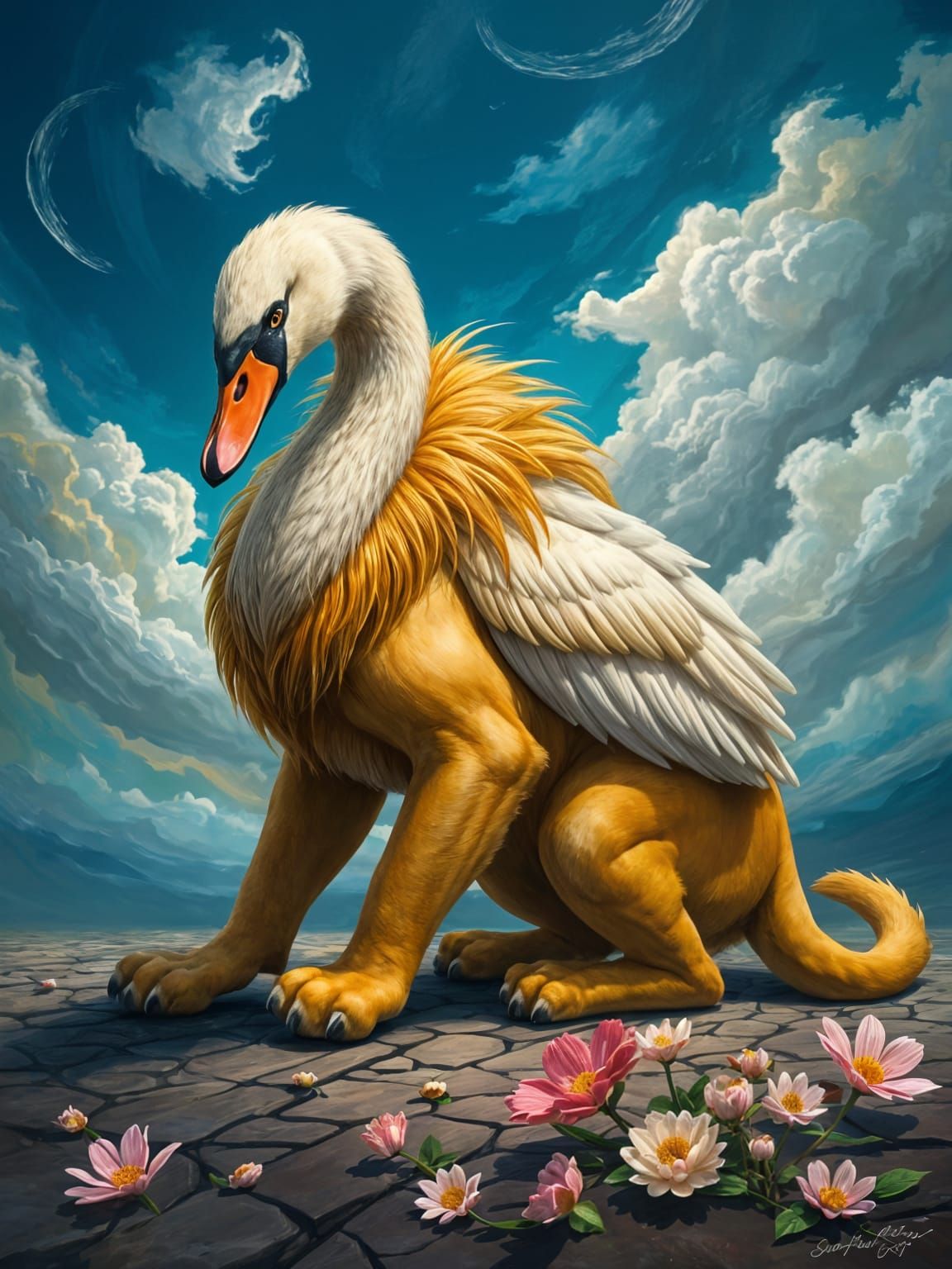Majestic Lion Swan Hybrid in Vibrant Fantasy Landscape