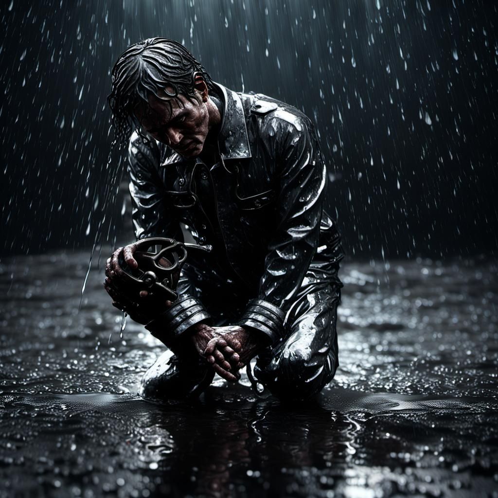 Kneeling angel in the rain with handcuffs