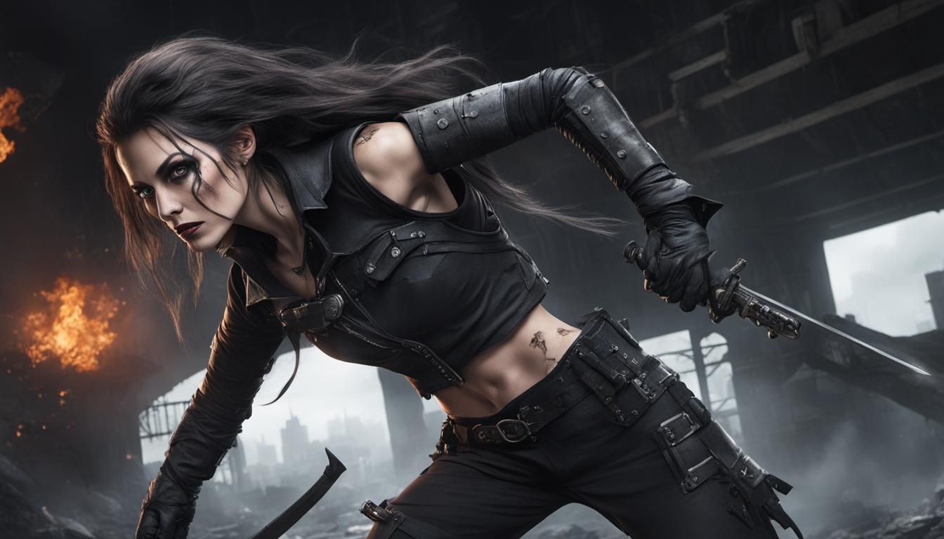 female witch hunter in a post-apocalyptic urban