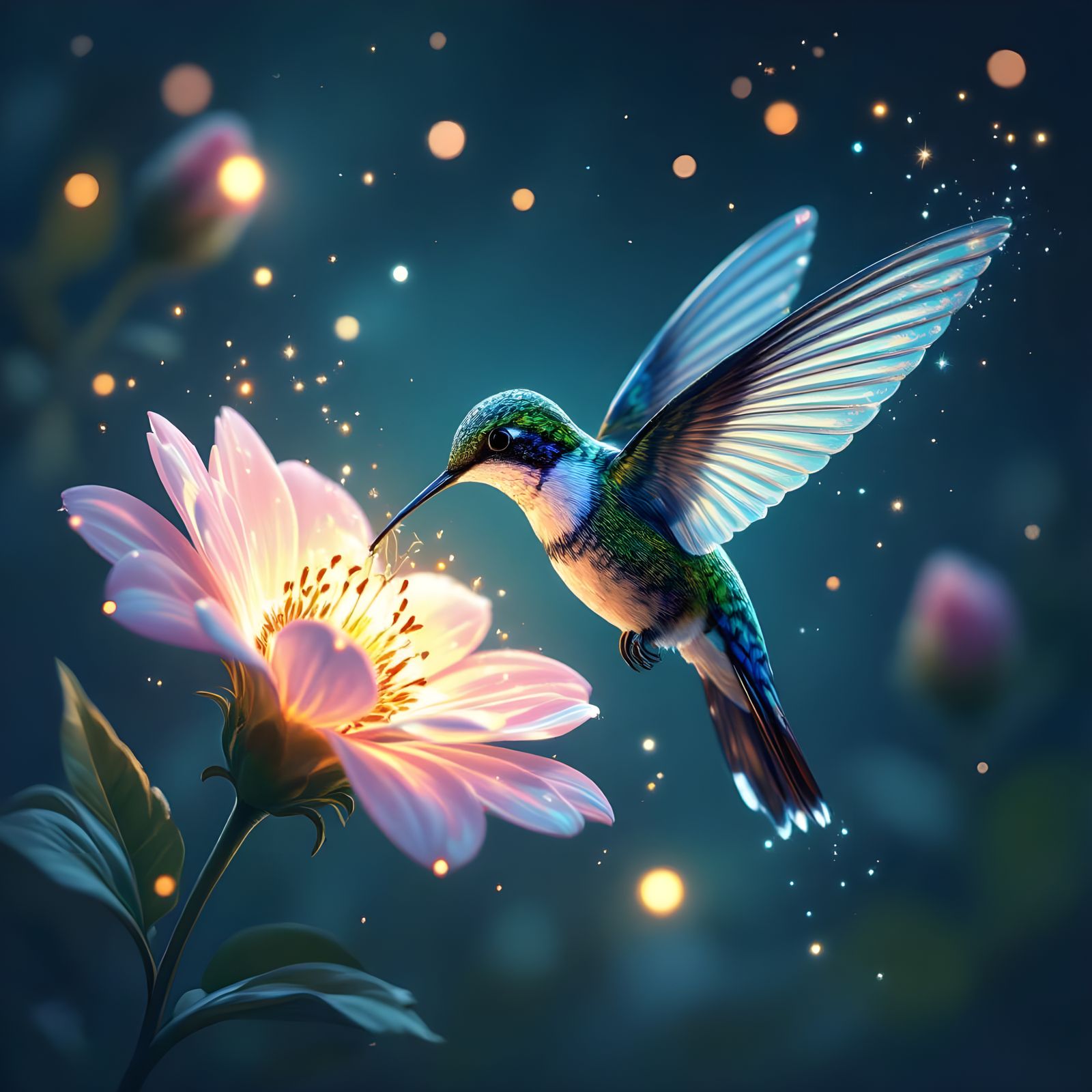 Bioluminescent Hummingbird Sips Nectar in Fantasy Art Style