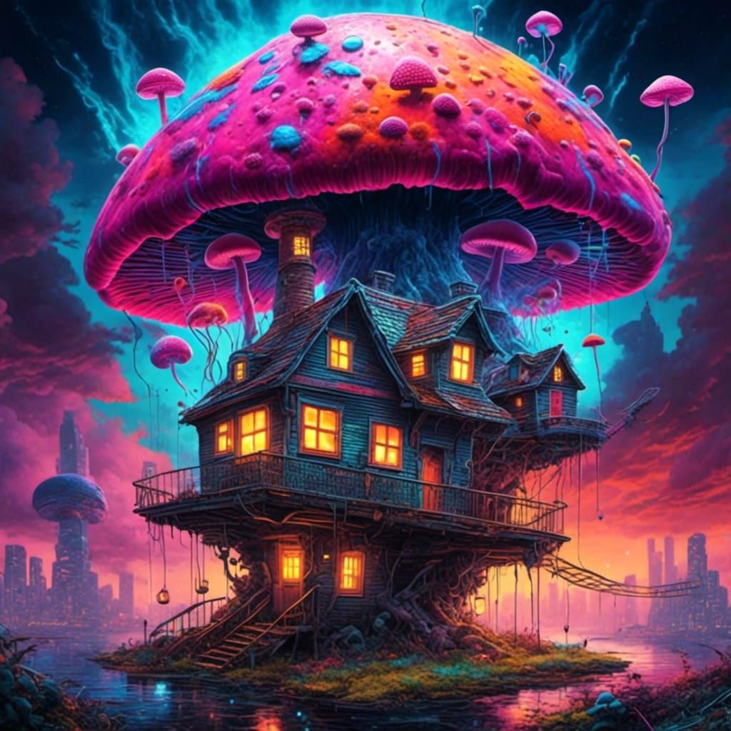 Psychedelic Mushroom House in Urban Graffiti Style