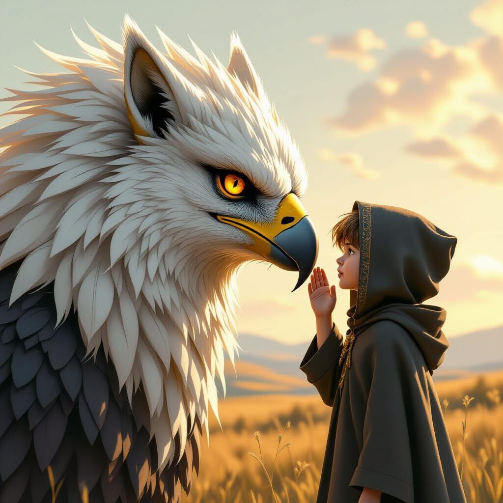 Boy Whispers to Giant Gryphon in Serene Landscape