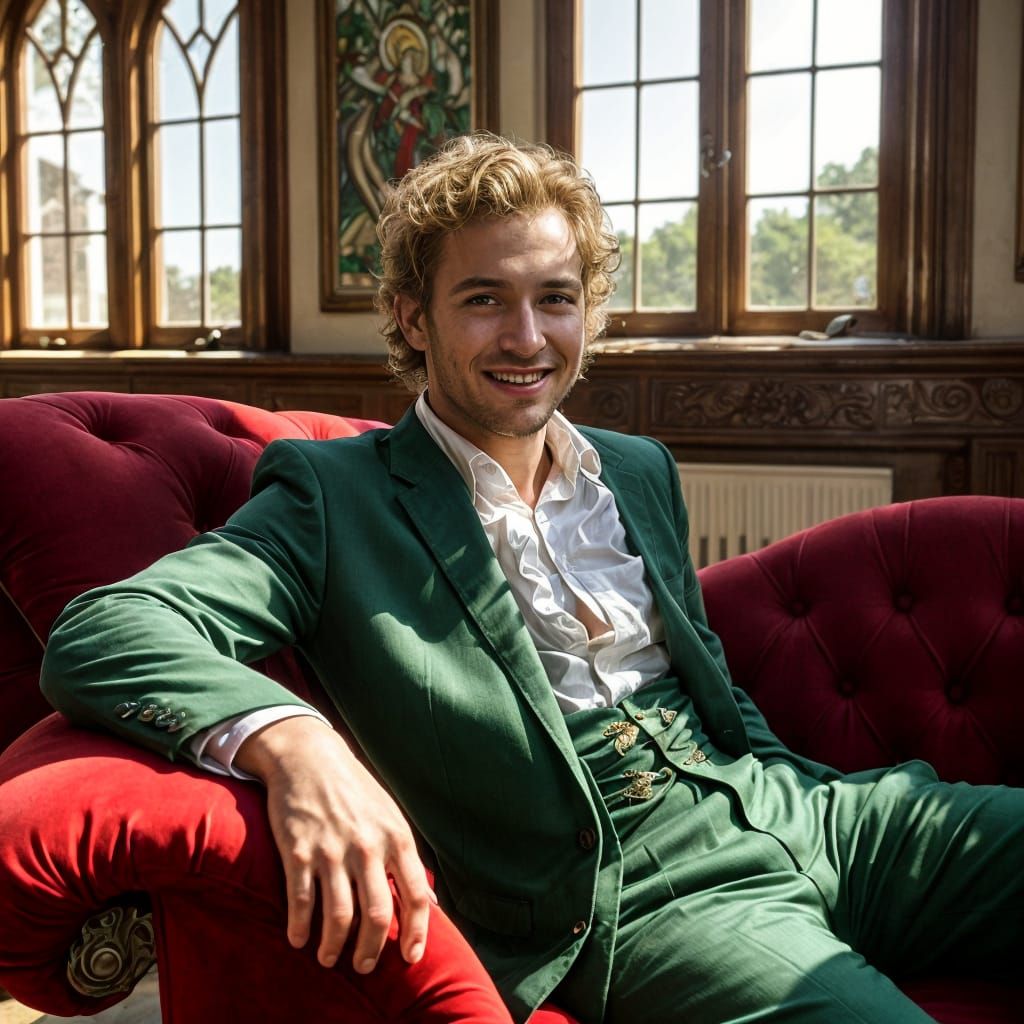 Young man with green suit and white ruffle shirt