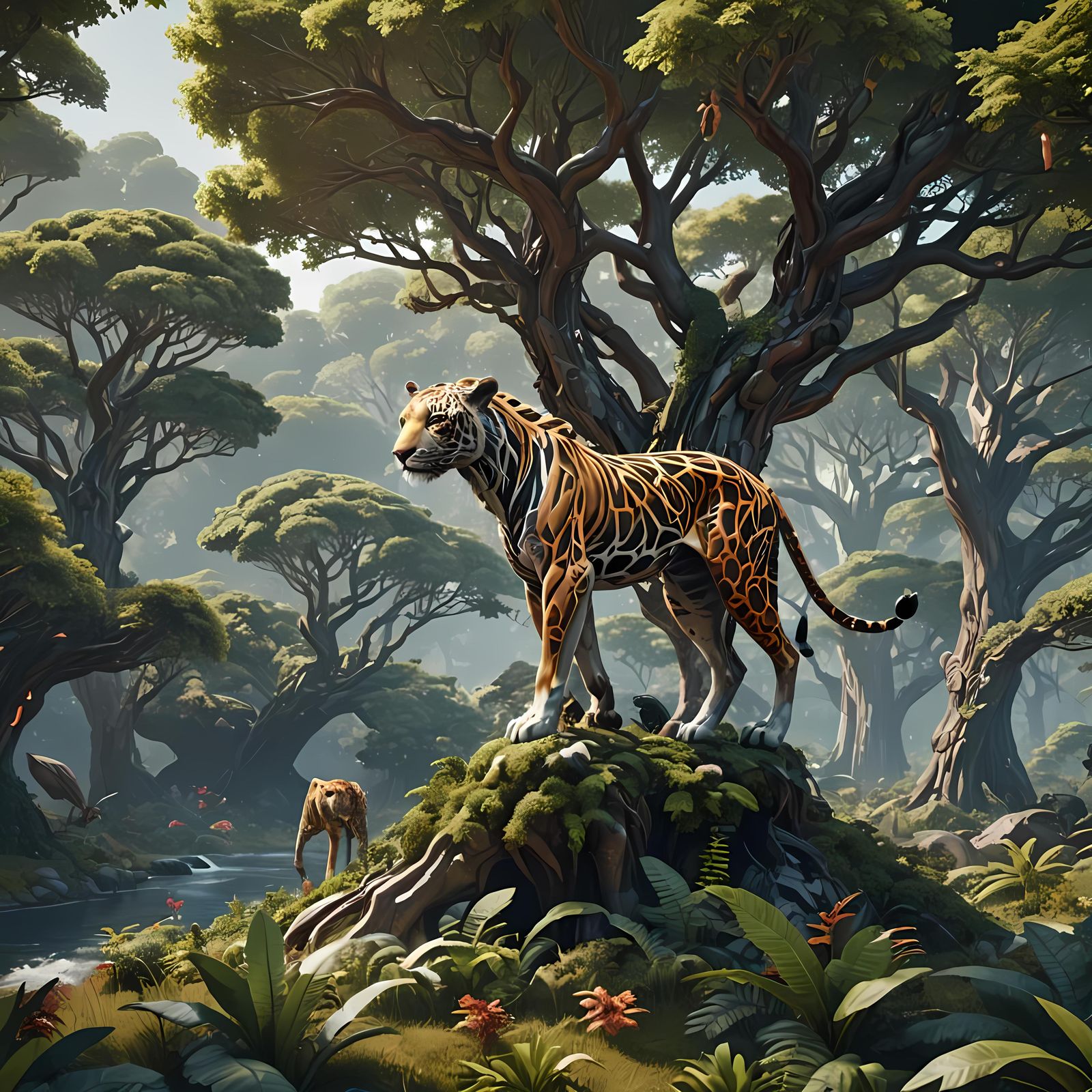 Surreal Forest with Animals in Futuristic Style