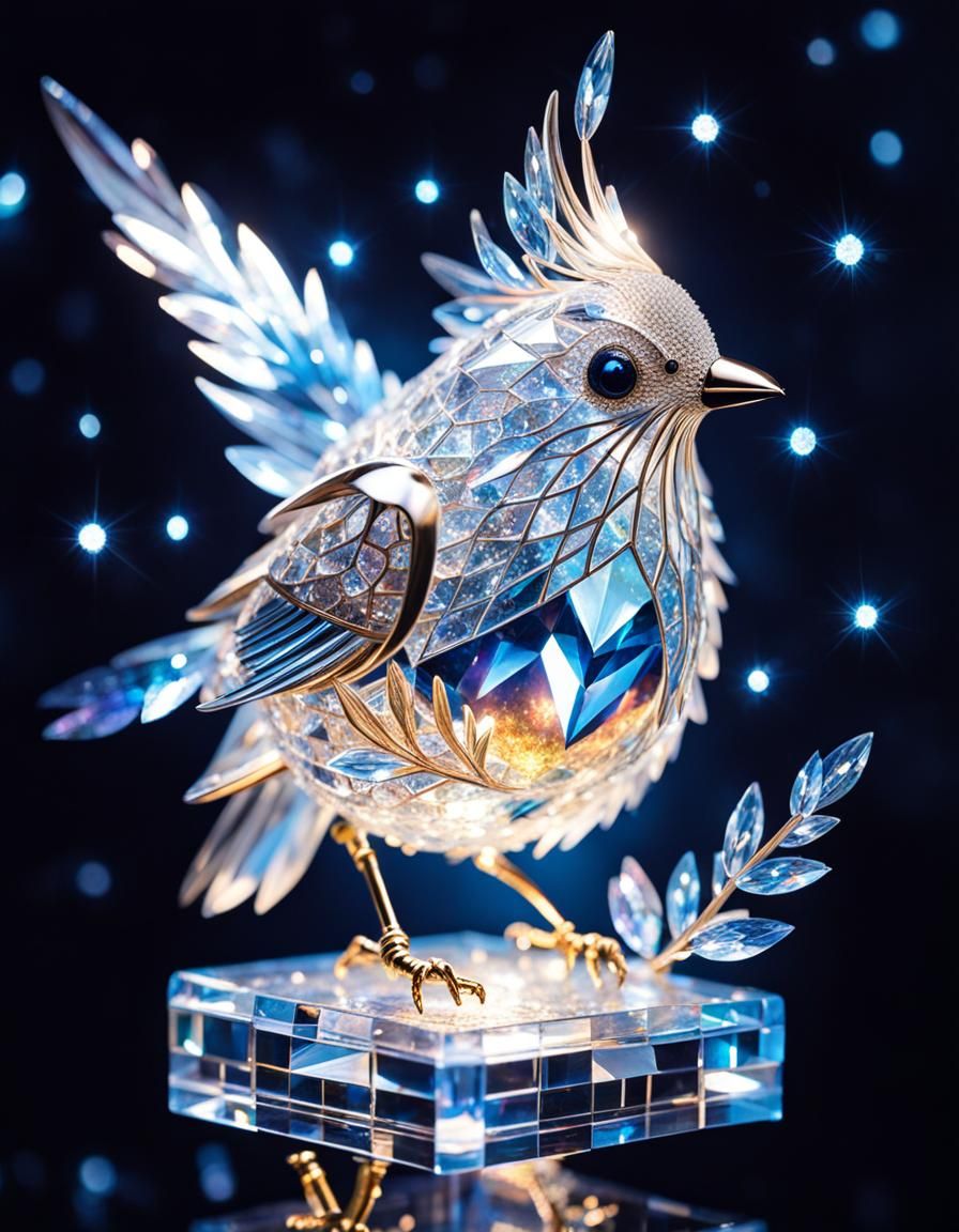 Crystal Bird in Cube with Fireflies