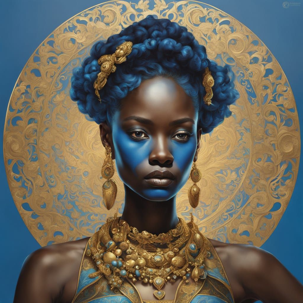 Ethereal Blue Woman with Golden Patterns