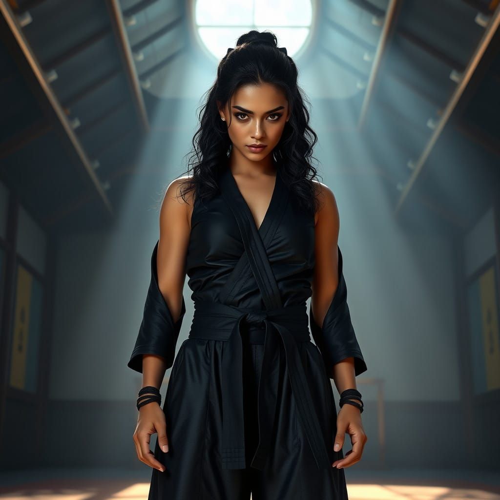 Confident Latina Martial Artist in Moonlit Dojo