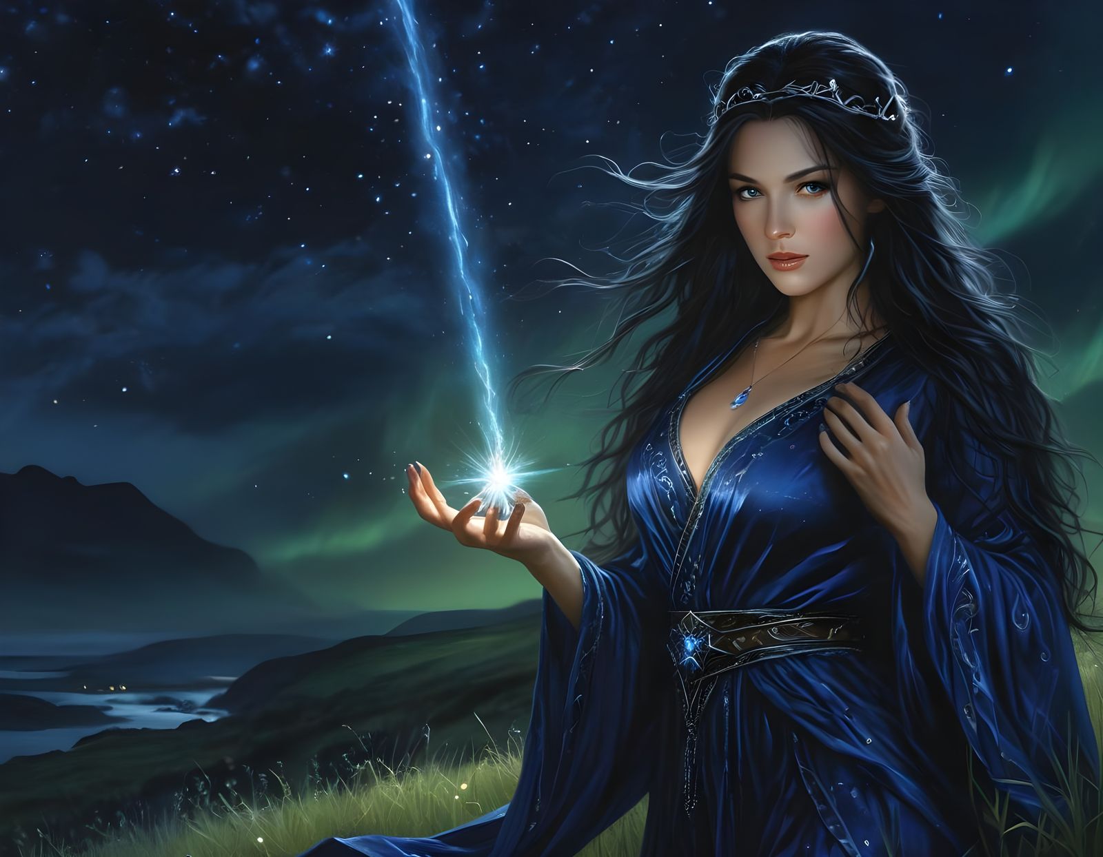 Norse Goddess Casting a Celestial Spell Under Starry Night