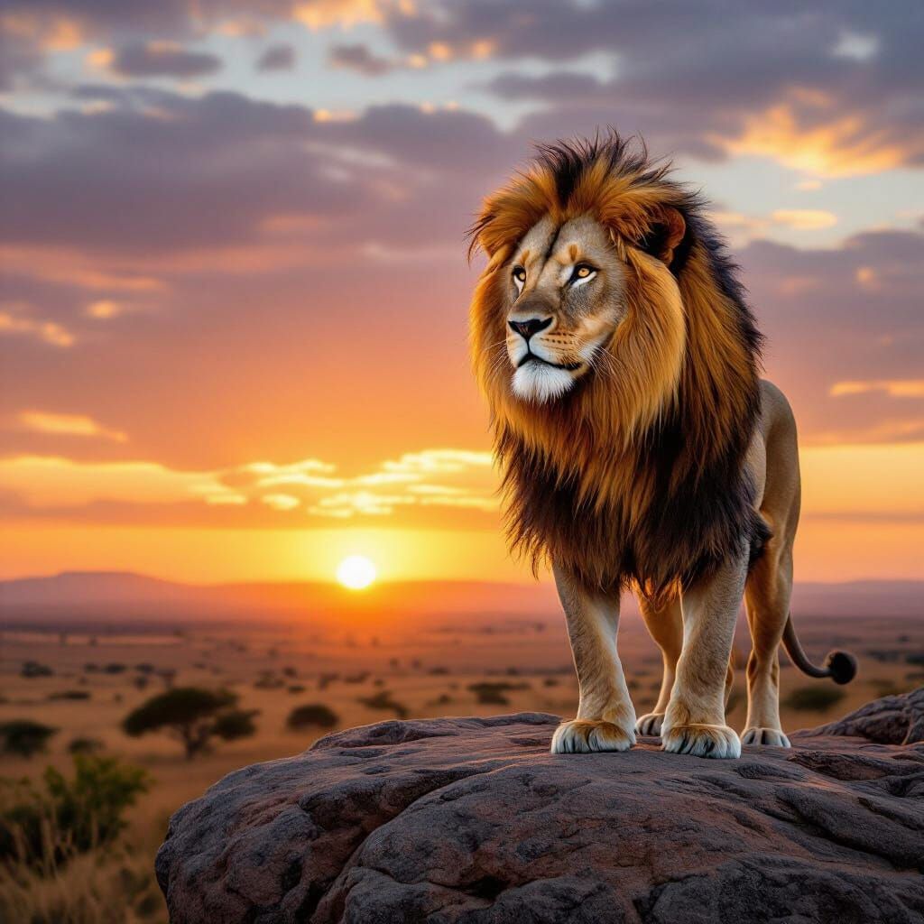 Majestic Lion Overlooking African Savanna at Sunset