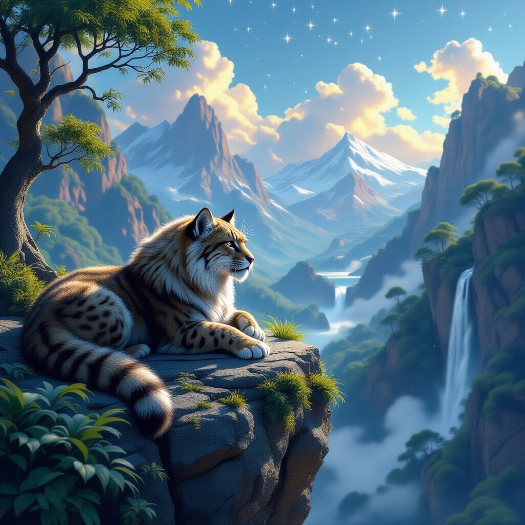 Saber-Toothed Cat Overlooking Prehistoric Landscape in Detai...