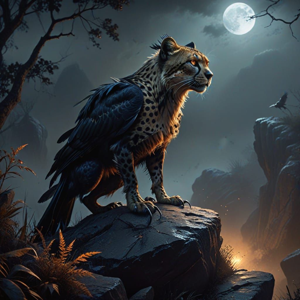 Dark Fantasy Blackbird-Cheetah Hybrid in Moody Moonlit Savan...
