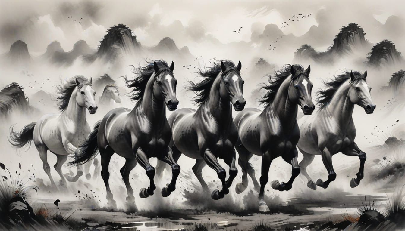 Galloping Horses in Chinese Ink Wash Style