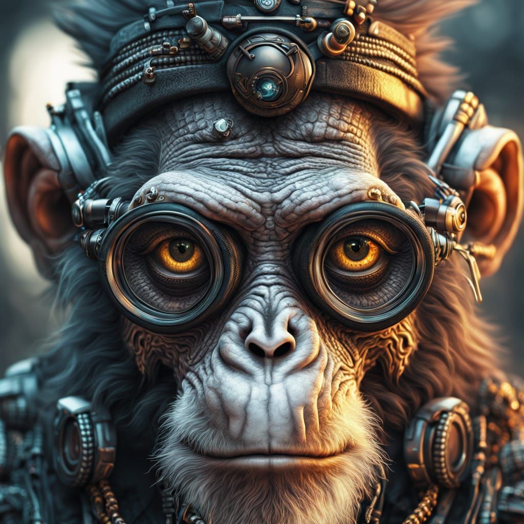 Futuristic Cyberpunk Monkey Shaman with High-Tech Glasses
