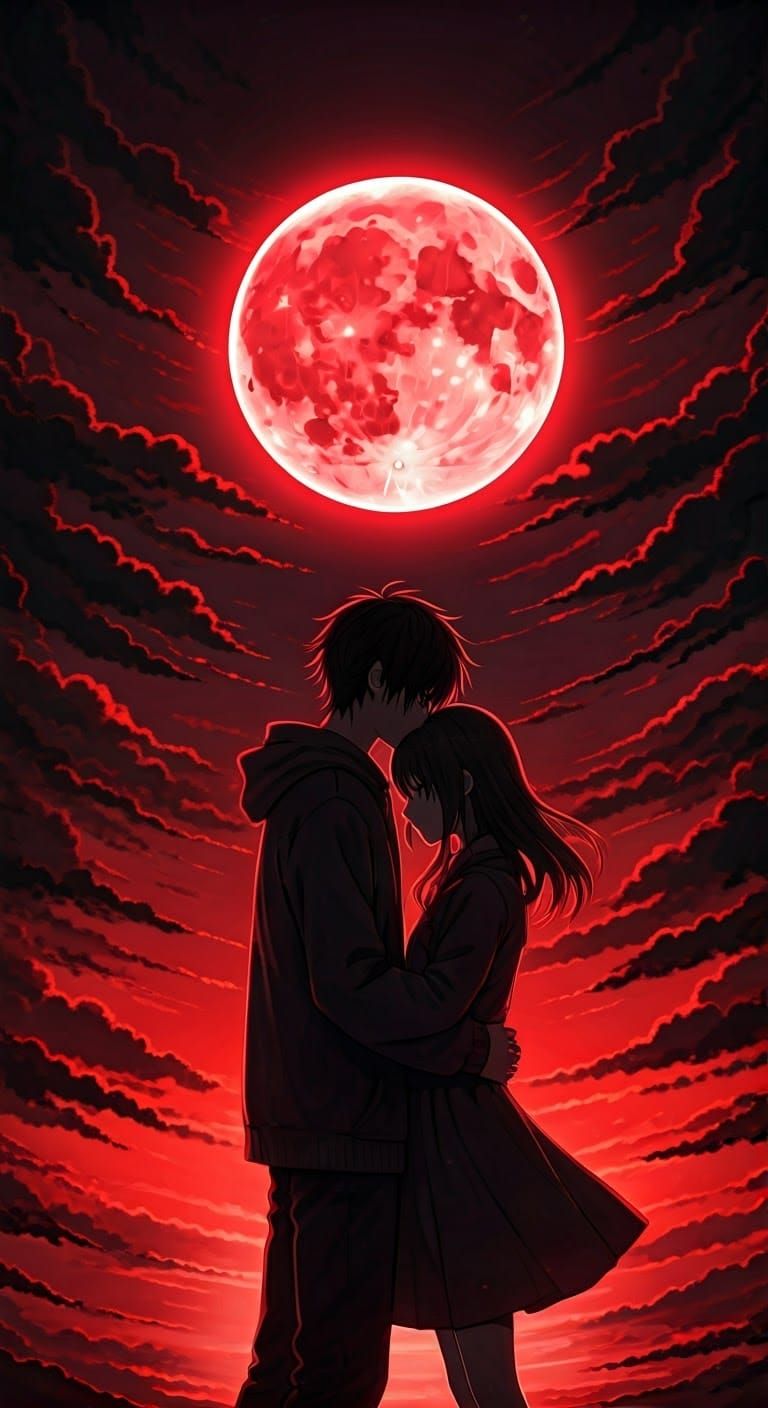 Romantic Anime Scene Under Crimson Moonlit Sky