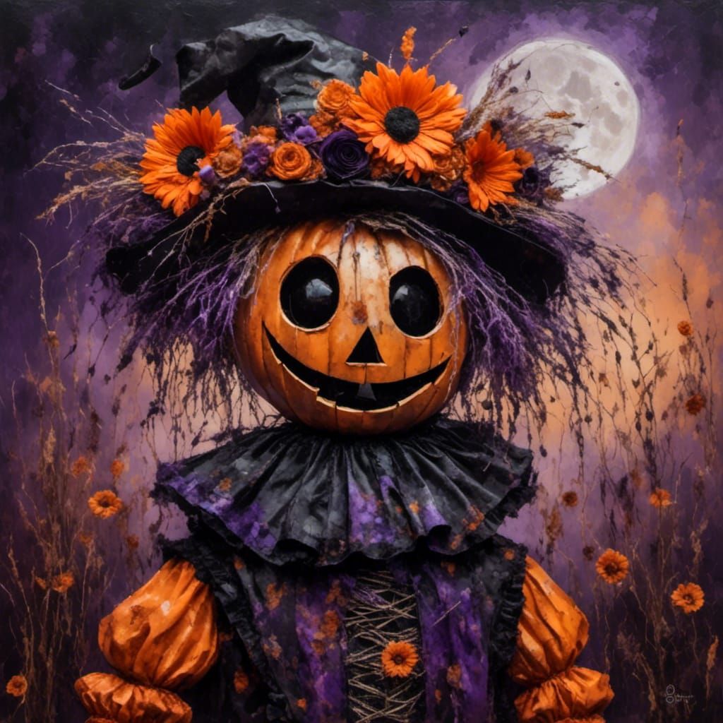 Surreal Halloween Scarecrow in Storybook Oil Painting