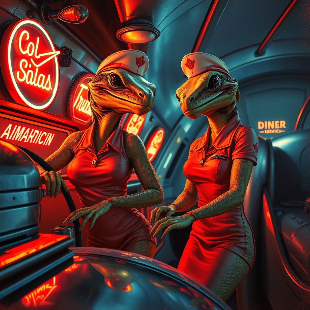Retro-Futuristic Alien Gas Station Pin-Up Art