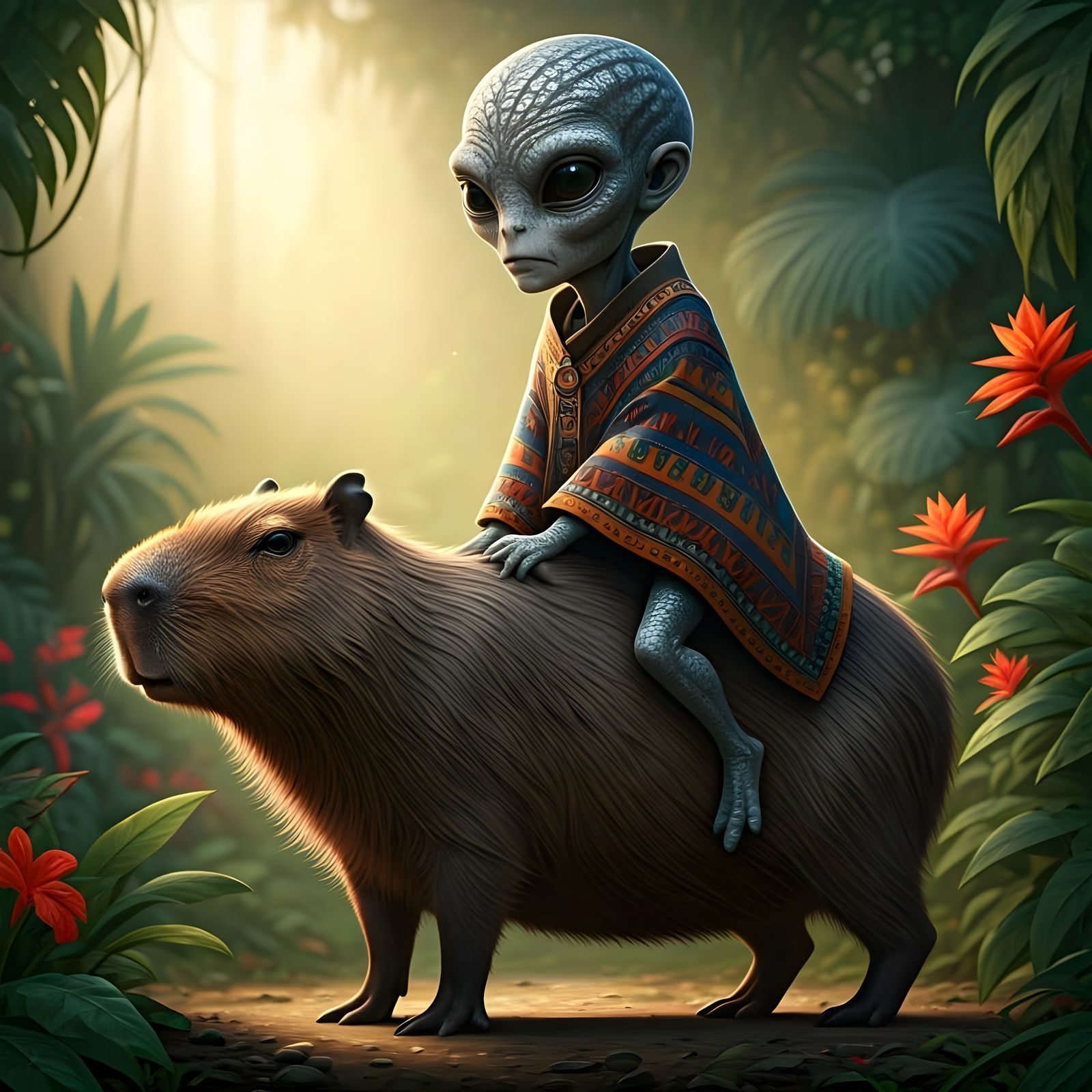 Grey Alien Rides Capybara in Hyperrealistic Art