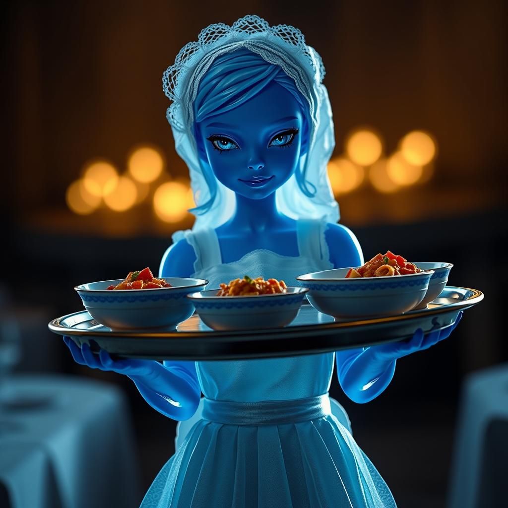 Translucent Blue Slime Girl Serving Dinner