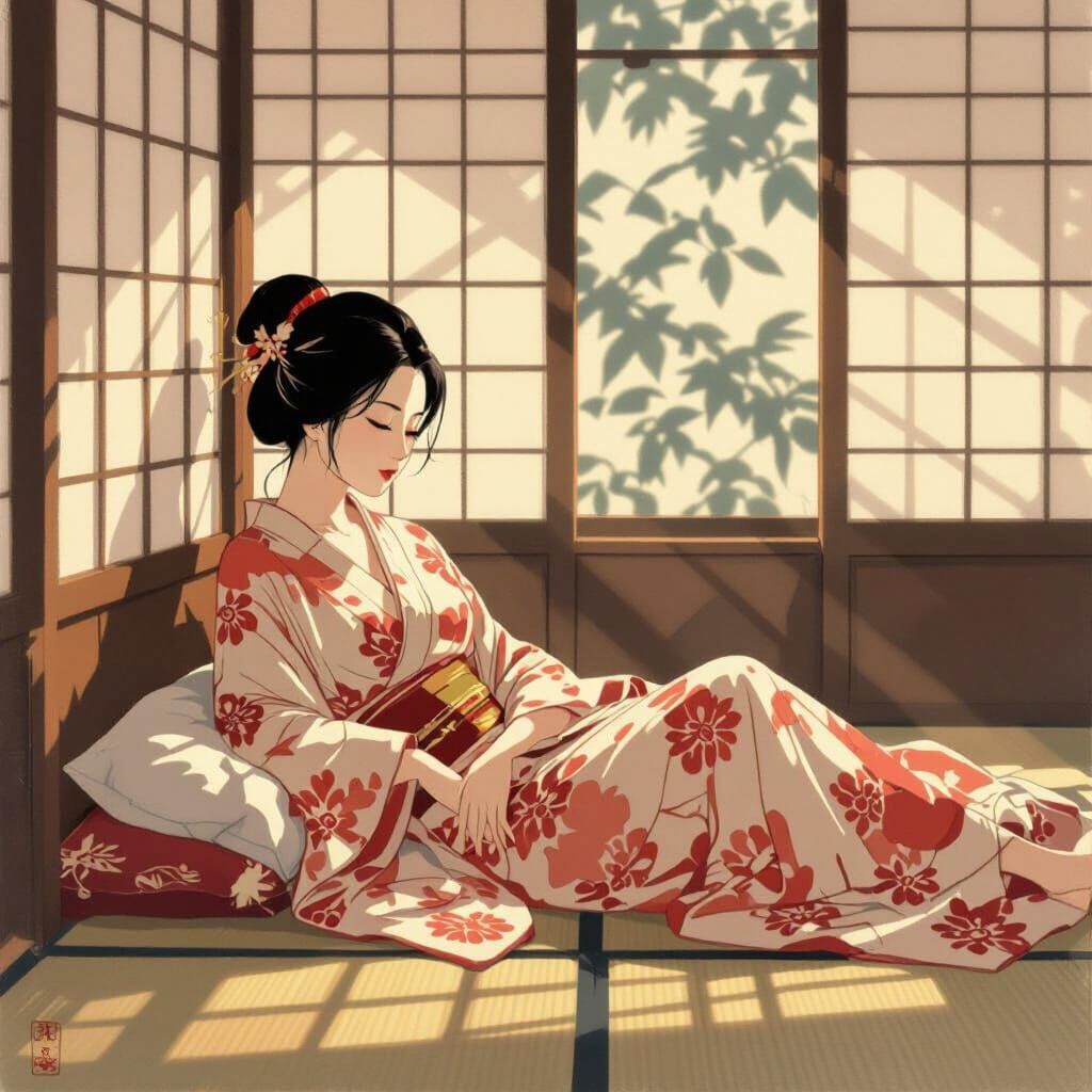 Japanese Woman Rests in Tatami Bed, Ukiyo-e Style