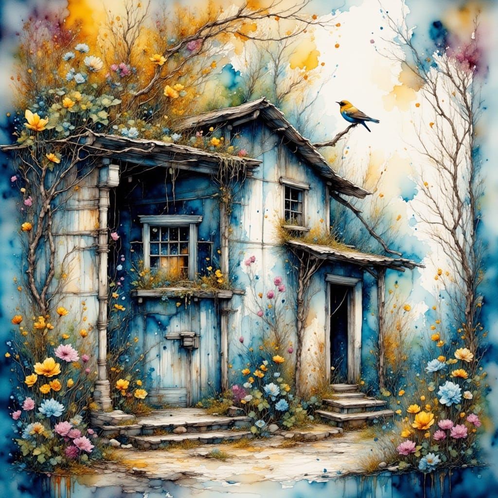 Rustic House in Dreamscape, Surrealist Watercolor