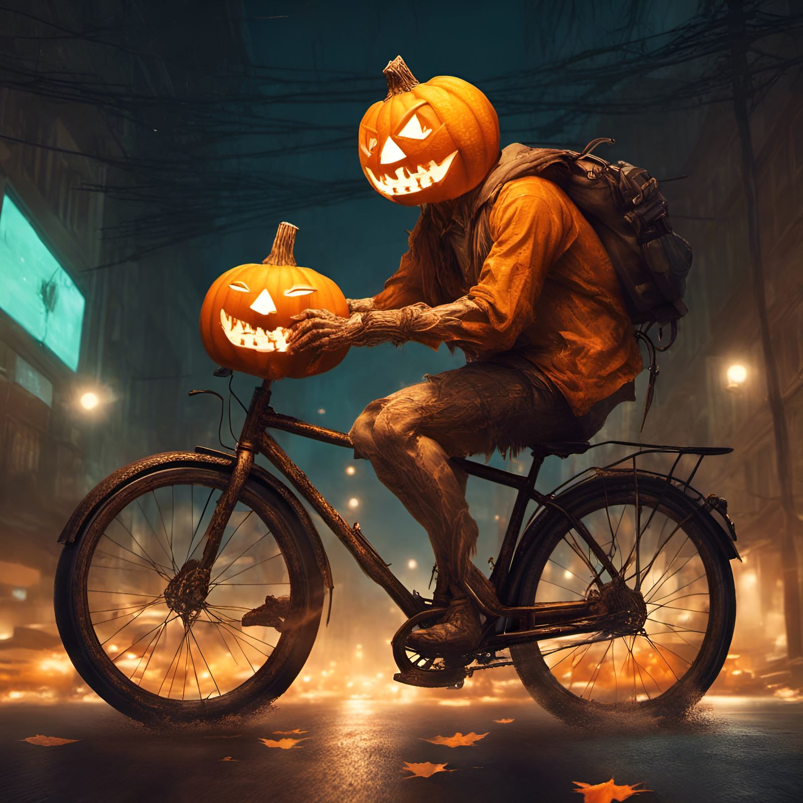 Jack-O-Lantern Rides Bicycle at Night: Digital Illustration