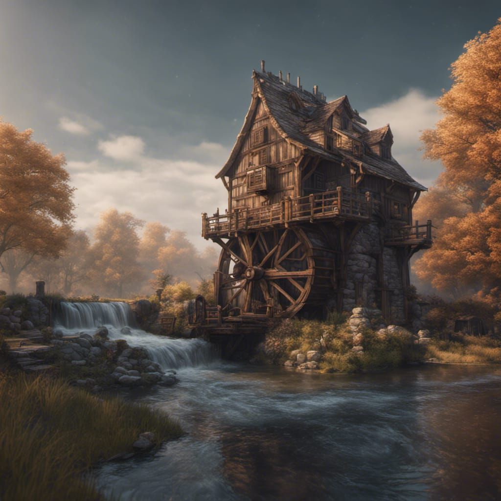 Fantastical Watermill in Detailed Matte Painting Style
