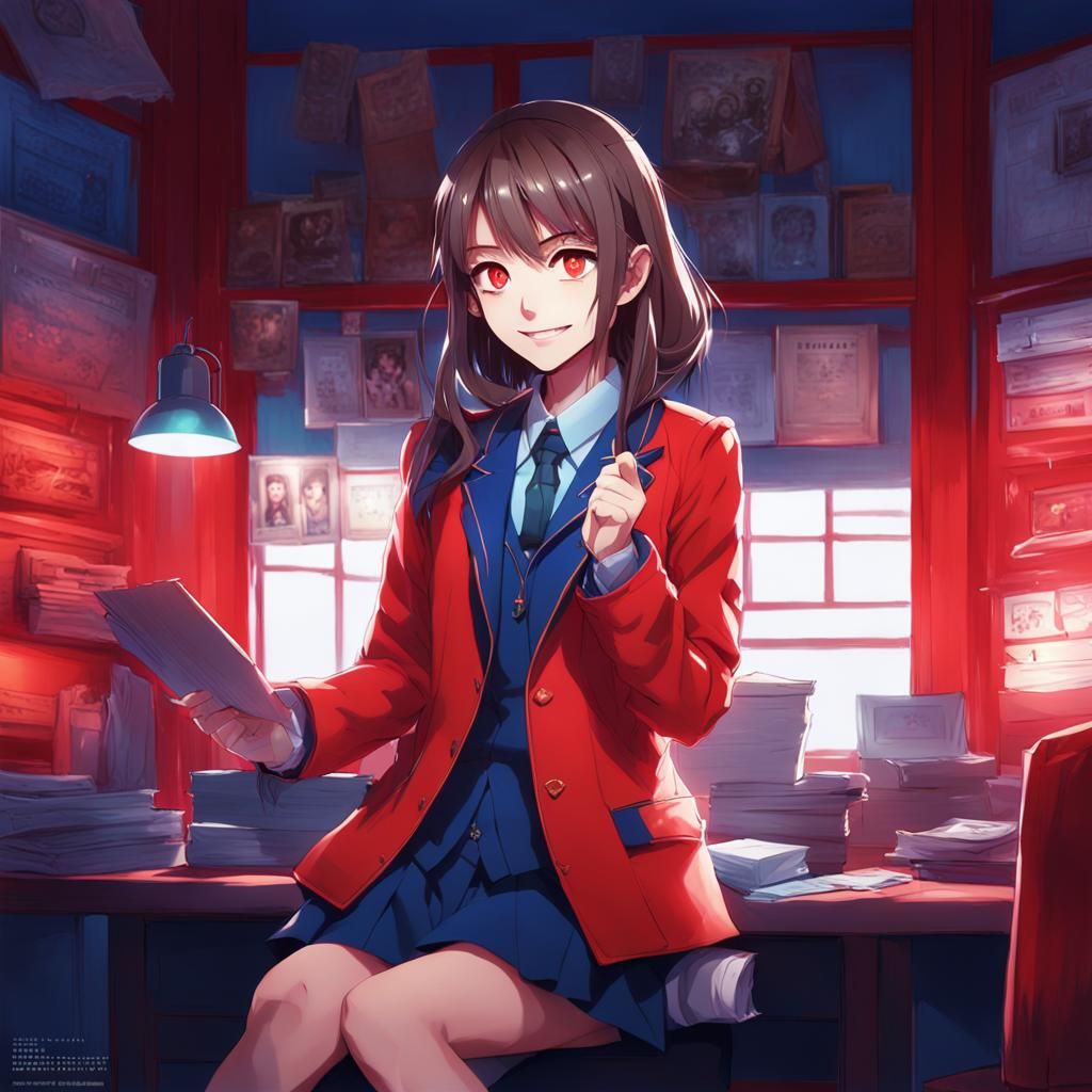 Anime Style: Secretary with Evil Grin in Red Room