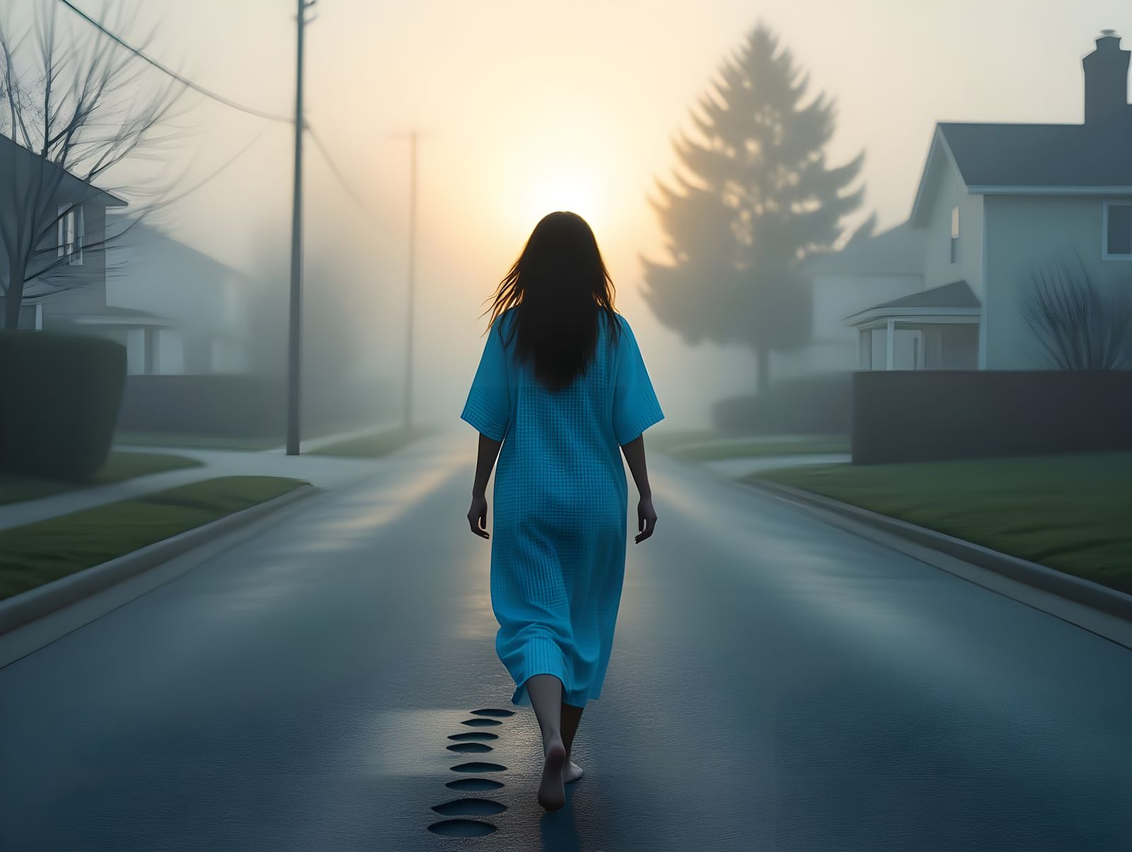 Ethereal Woman in Gown Walking Backwards at Dawn