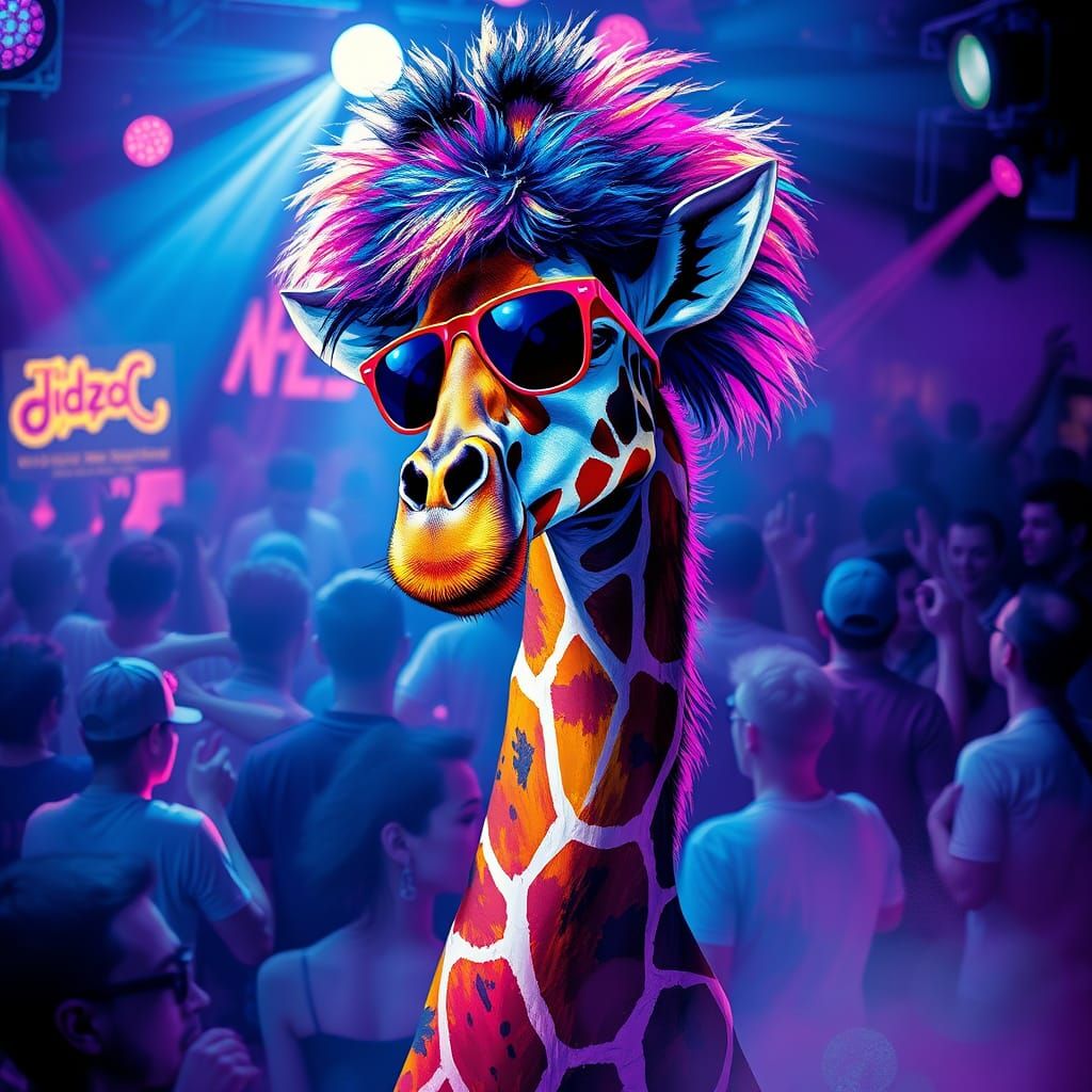 Vibrant Disco Scene with Dancing Giraffe in Retro Sunglasses...