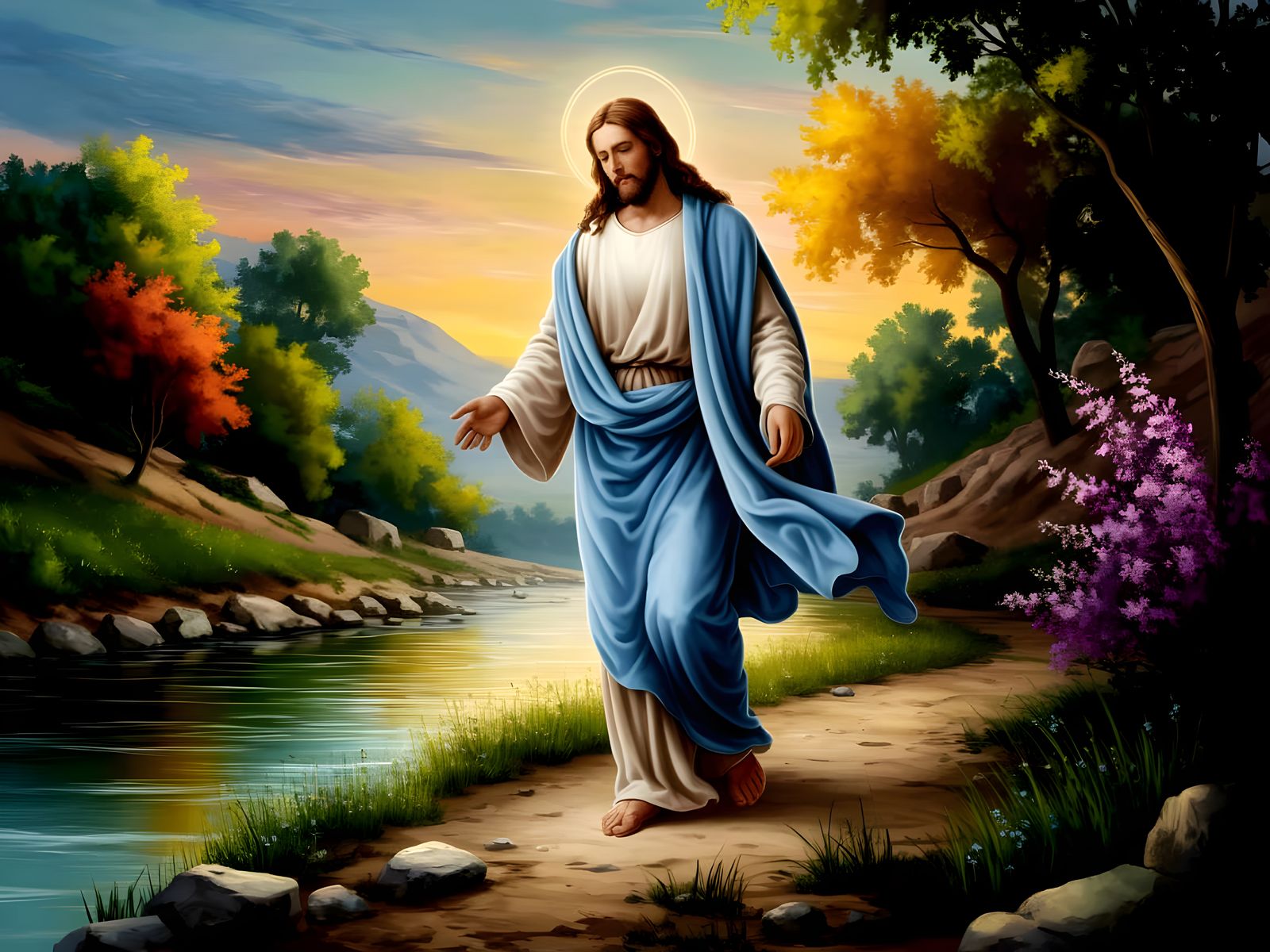 Jesus Walks Along the Banks of the Jordan River in a Serene ...