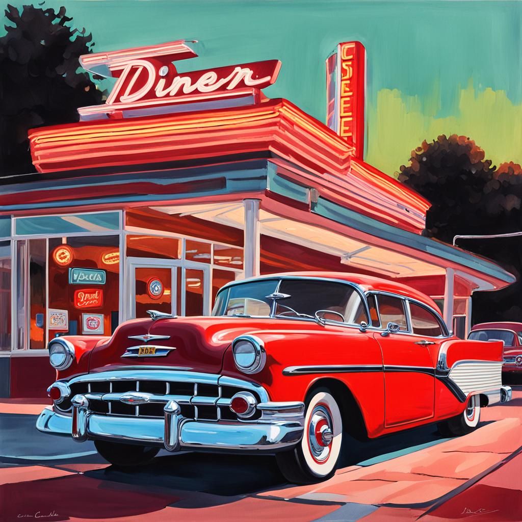 1950s Chevrolet Diner Scene in Gouache Style