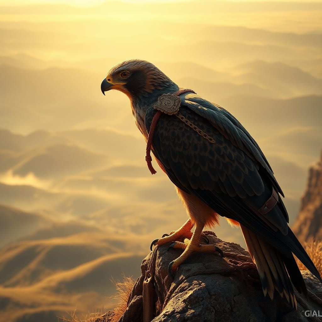 Majestic Falcon with Ropes on Wings Gazing at Horizon