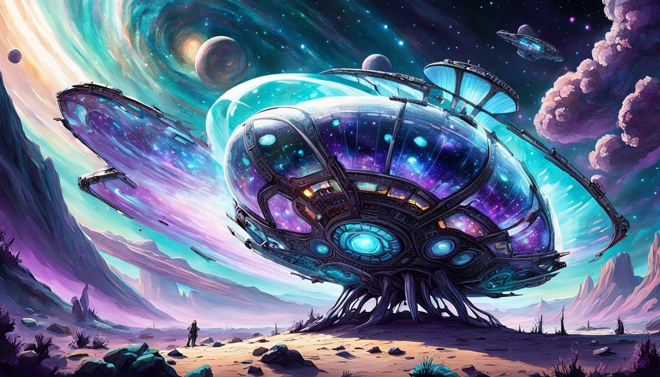 Bioluminescent Beetle Spaceship in Space Nebula