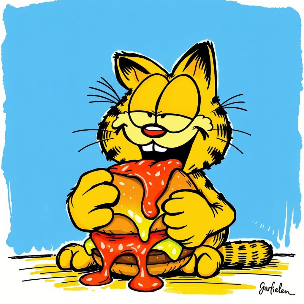 Garfield Devours a Juicy Burger in Vibrant Retrofuturistic S...