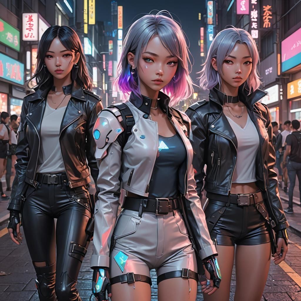 ombre opal neon girl gang lasers tough leather city sidewalk night cyborg android