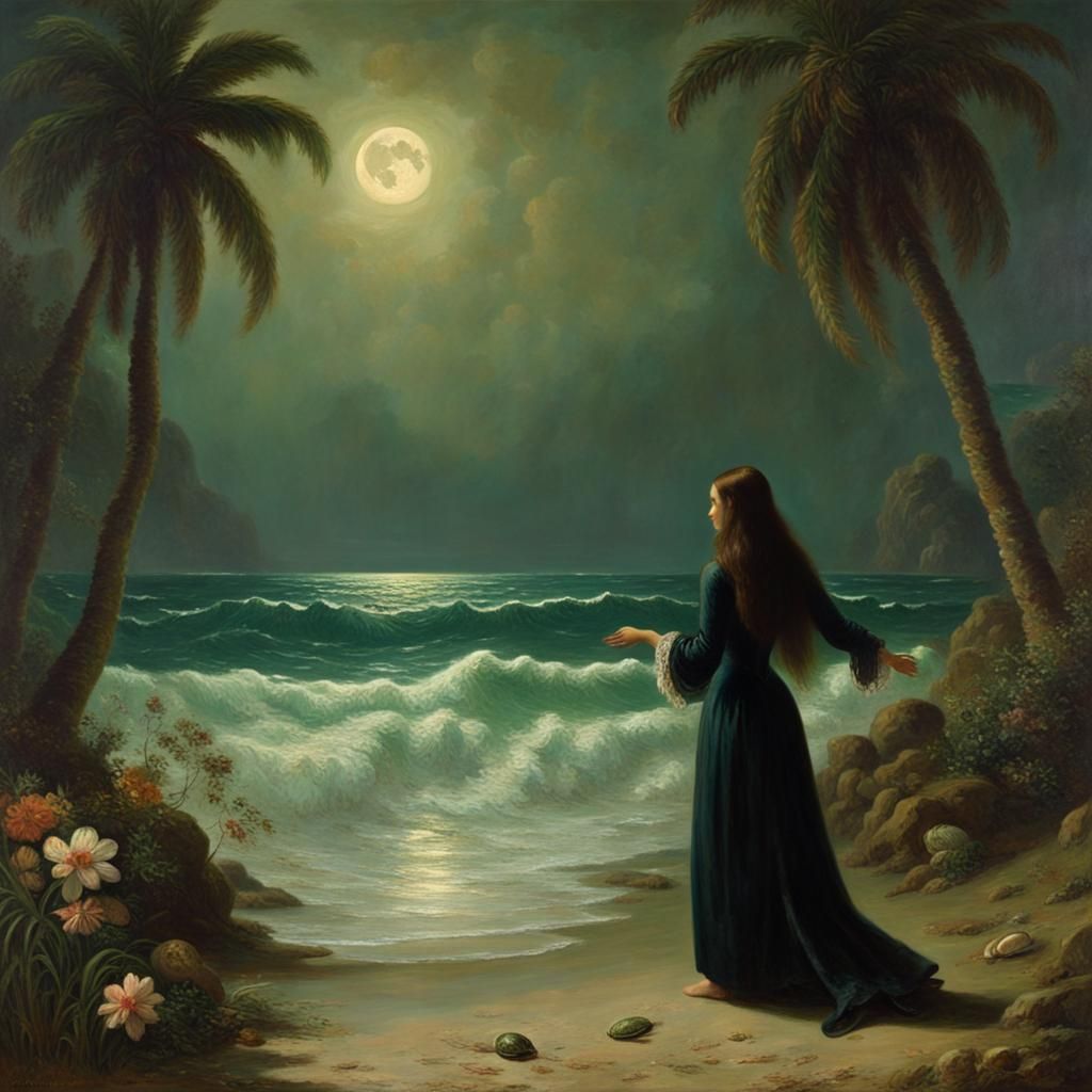 Baroque Painting of Woman Surfing in Island Paradise