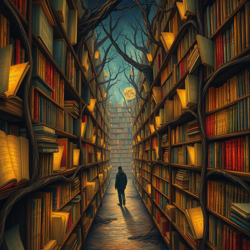 Surreal Living Library Inspired by Bosch and Klimt