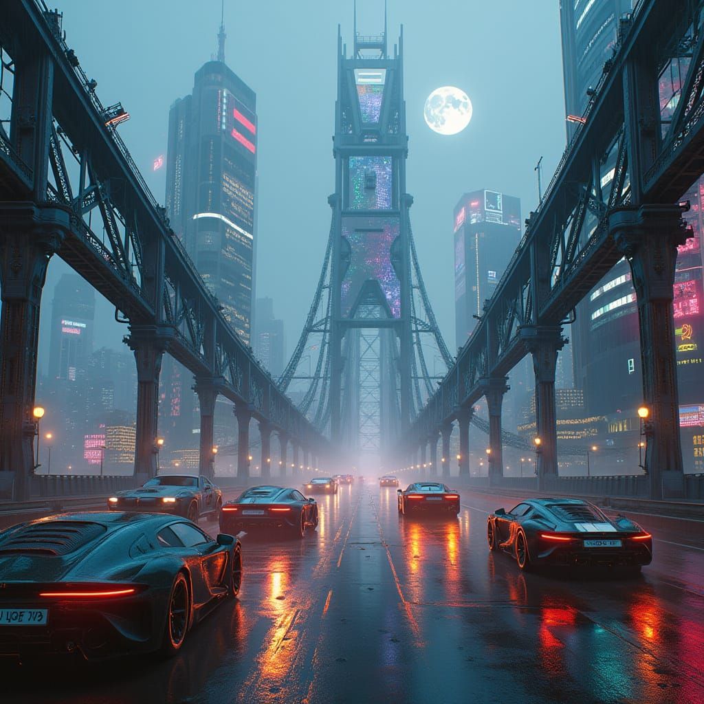 Cyberpunk Bridge in Futuristic Metropolis