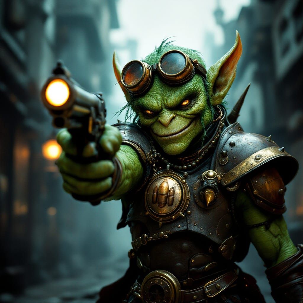 Mysterious Steampunk Goblin Amidst Industrial City