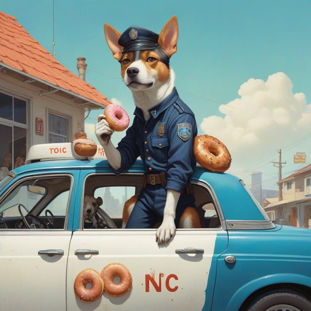 Whimsical Anime Dogfolk on Police Car, Donut in Hand